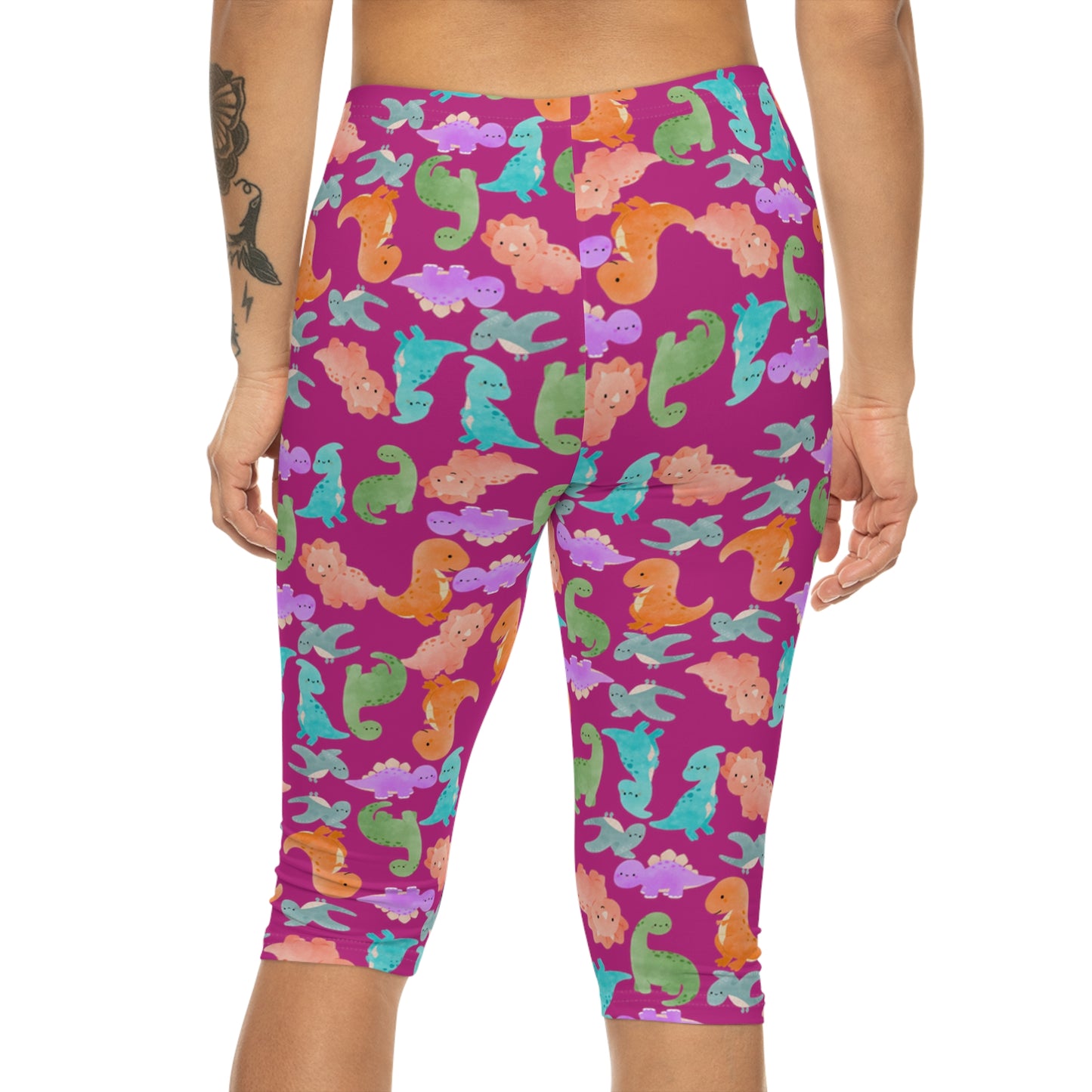 Women’s Capri Leggings  Rainbow Dinos Pink