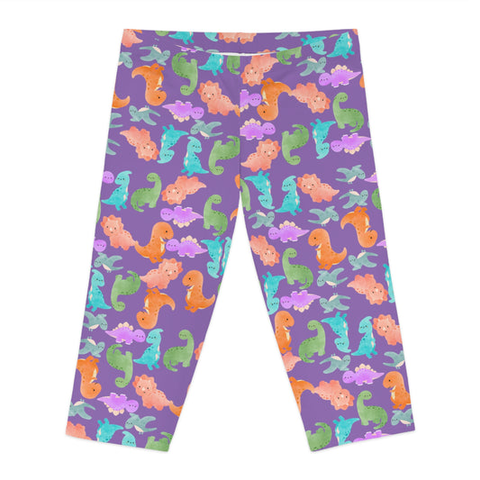 Playful Dino Print Womens Capri Leggings Cute Stretchy Pants for Yoga Casual Outfits Loungewear Gift for Her Rainbow Dinos Light Purple