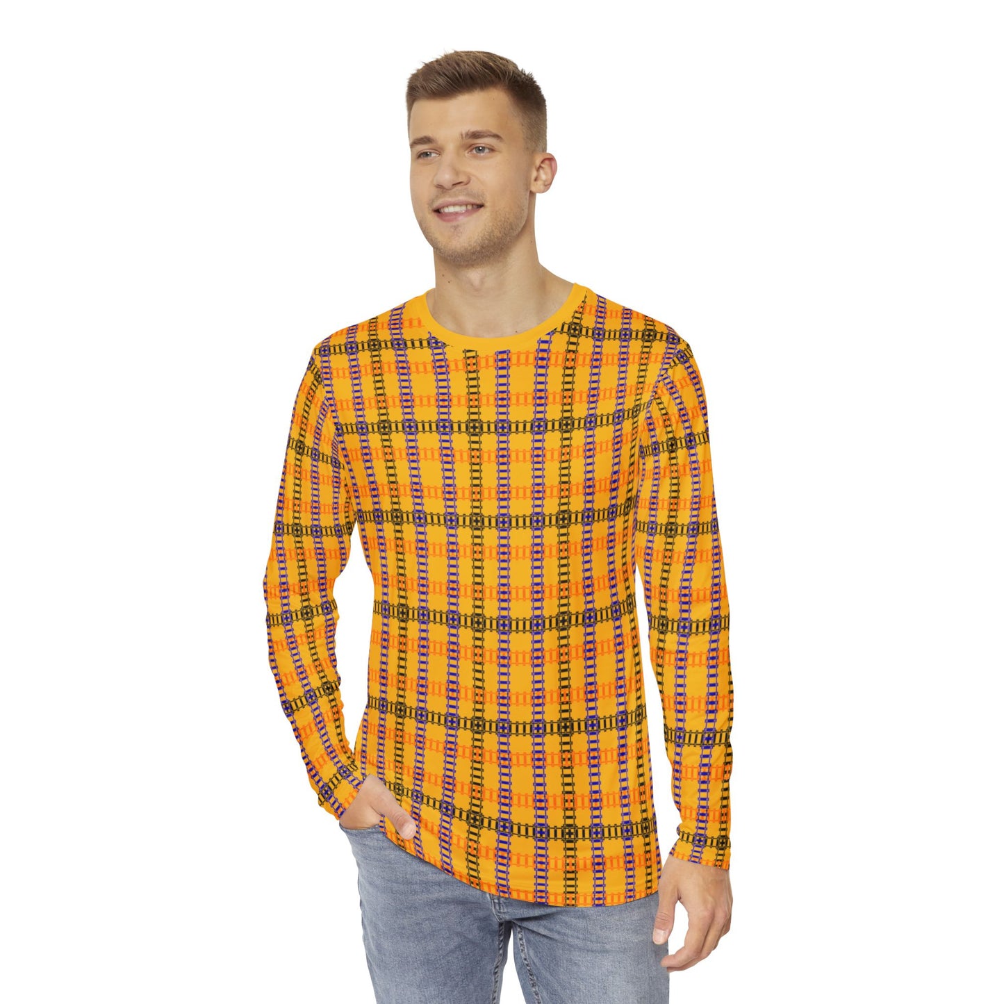 Vibrant Plaid Mens Long Sleeve Shirt Cozy Outfit Casual Wear Stylish Layering Perfect for Fall and Winter Train Tracks Yellow