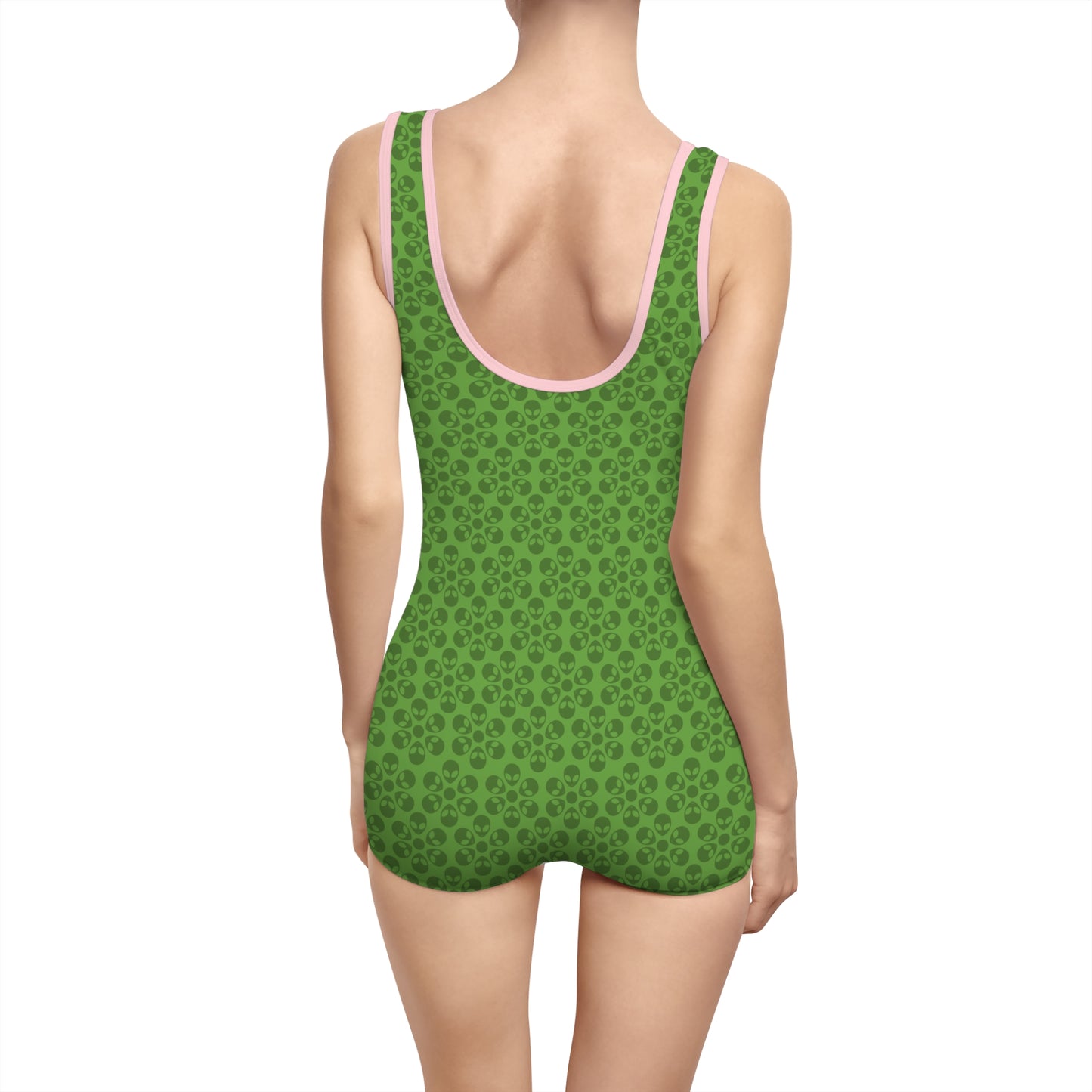 Womens Vintage Swimsuit  Alien Flowers Green