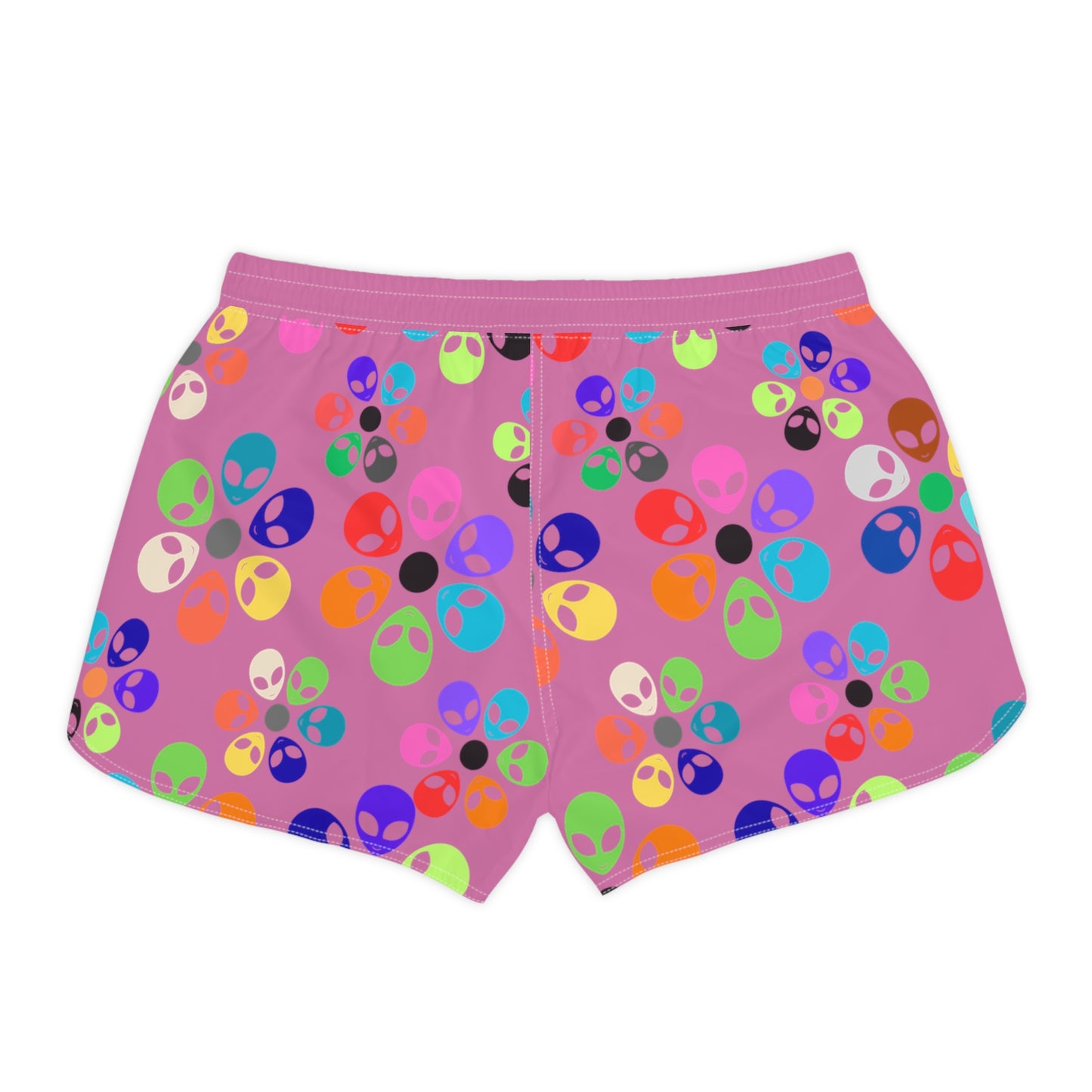 Colorful Alien Print Casual Shorts for Women | Fun Summer Activewear | Festival Fashion Beachwear Vacation Outfit Gift Idea Alien Rainbow Flowers Light Pink