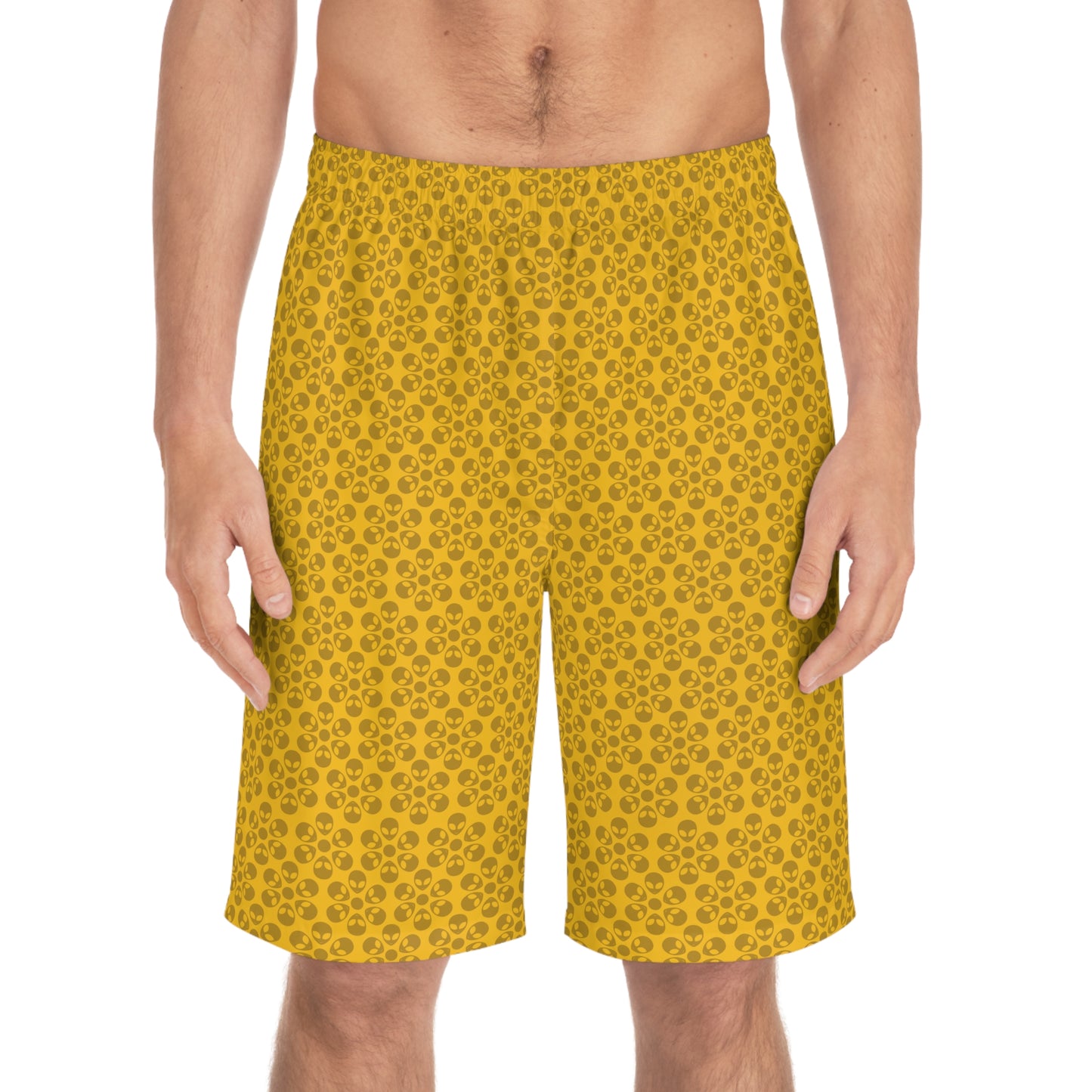 Mens Floral Print Board Shorts Summer Swimwear Beach Attire Vacation Ready Casual Everyday Shorts Alien Flowers Yellow