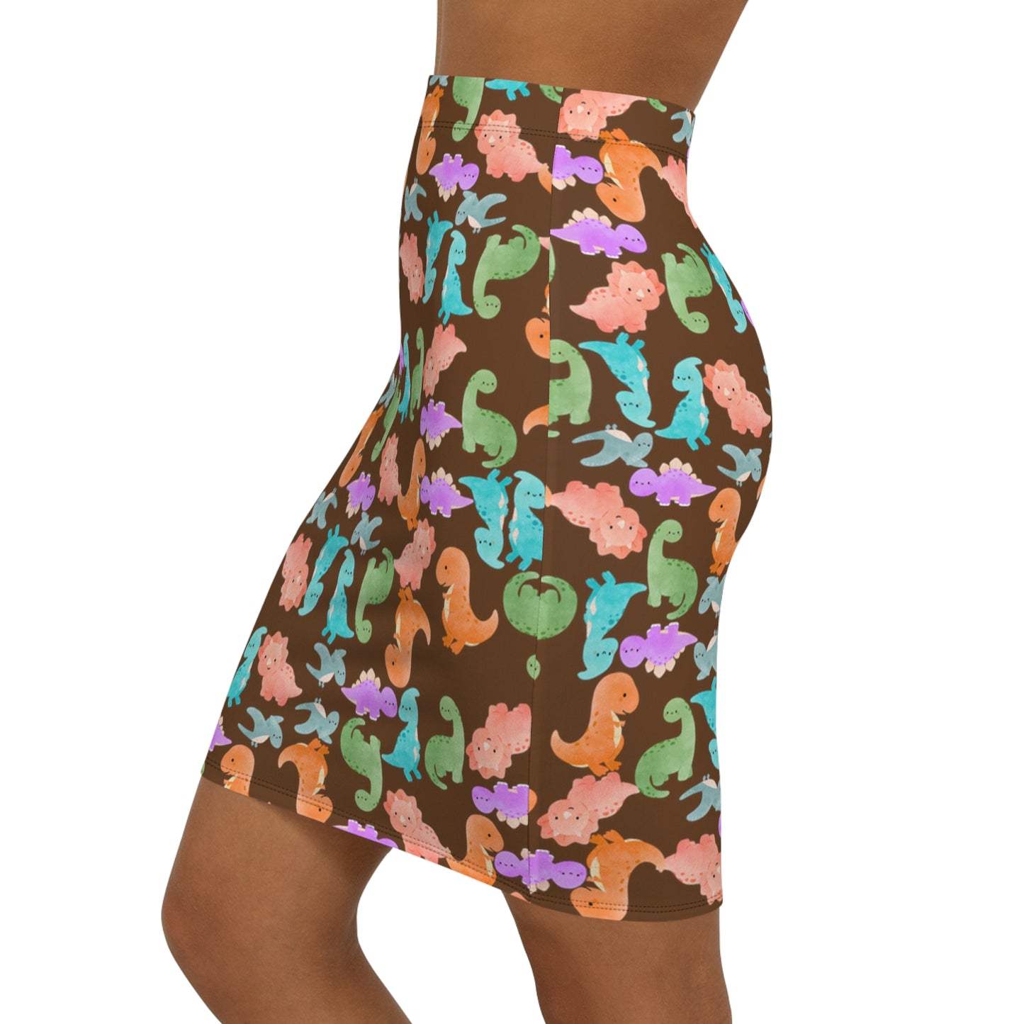 Dinosaur Print MidWaist Pencil Skirt for Fun and Playful Style Womens Skirt Cute Skirt Fashionable Skirt Casual Skirt Gift Idea Rainbow Dinos Brown