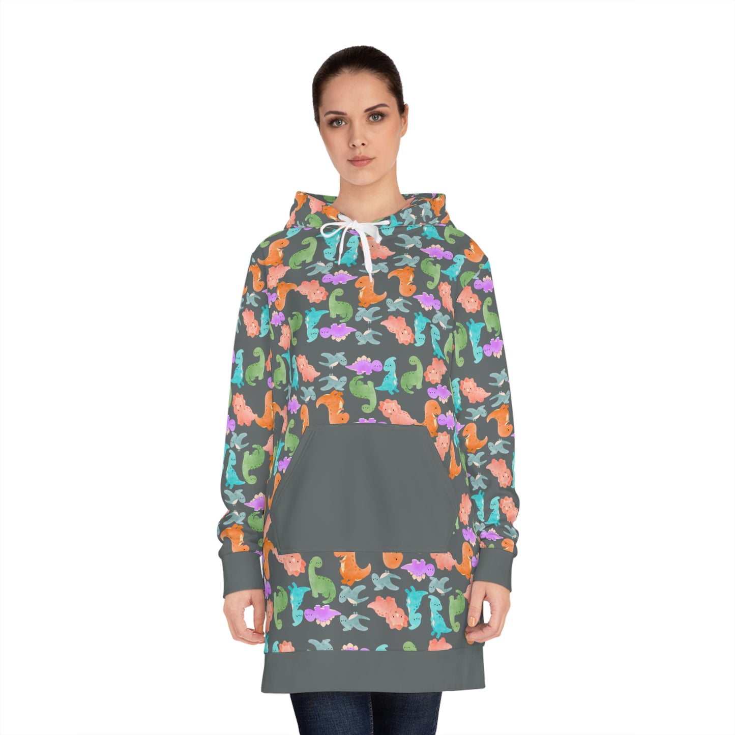 Womens Hoodie Dress Rainbow Dinos Dark Grey