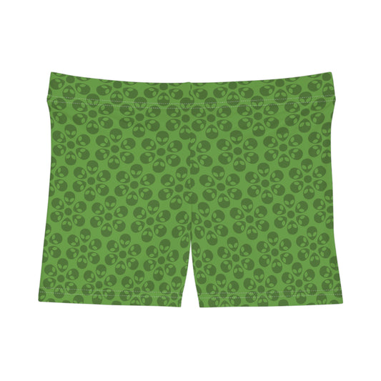 Alien Pattern Womens Shorts for Casual Summer Days Beach Wear Festival Outfit Relaxed Style Alien Flowers Green