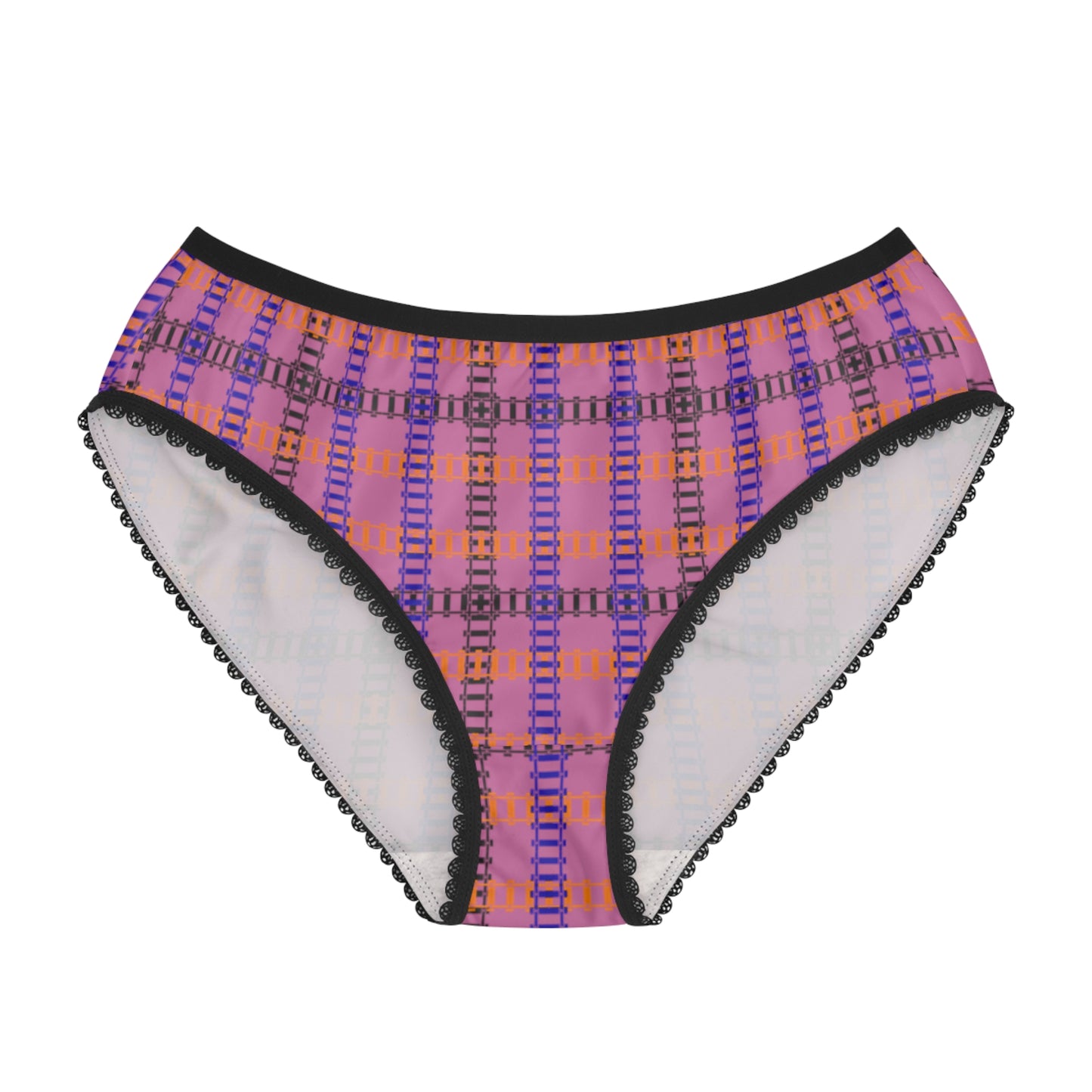 Colorful Patterned Womens Briefs with Lace Trim Comfortable Everyday Panties Unique Gifts for Her Fashionable Loungewear Fun and [...] Train Tracks Light Pink