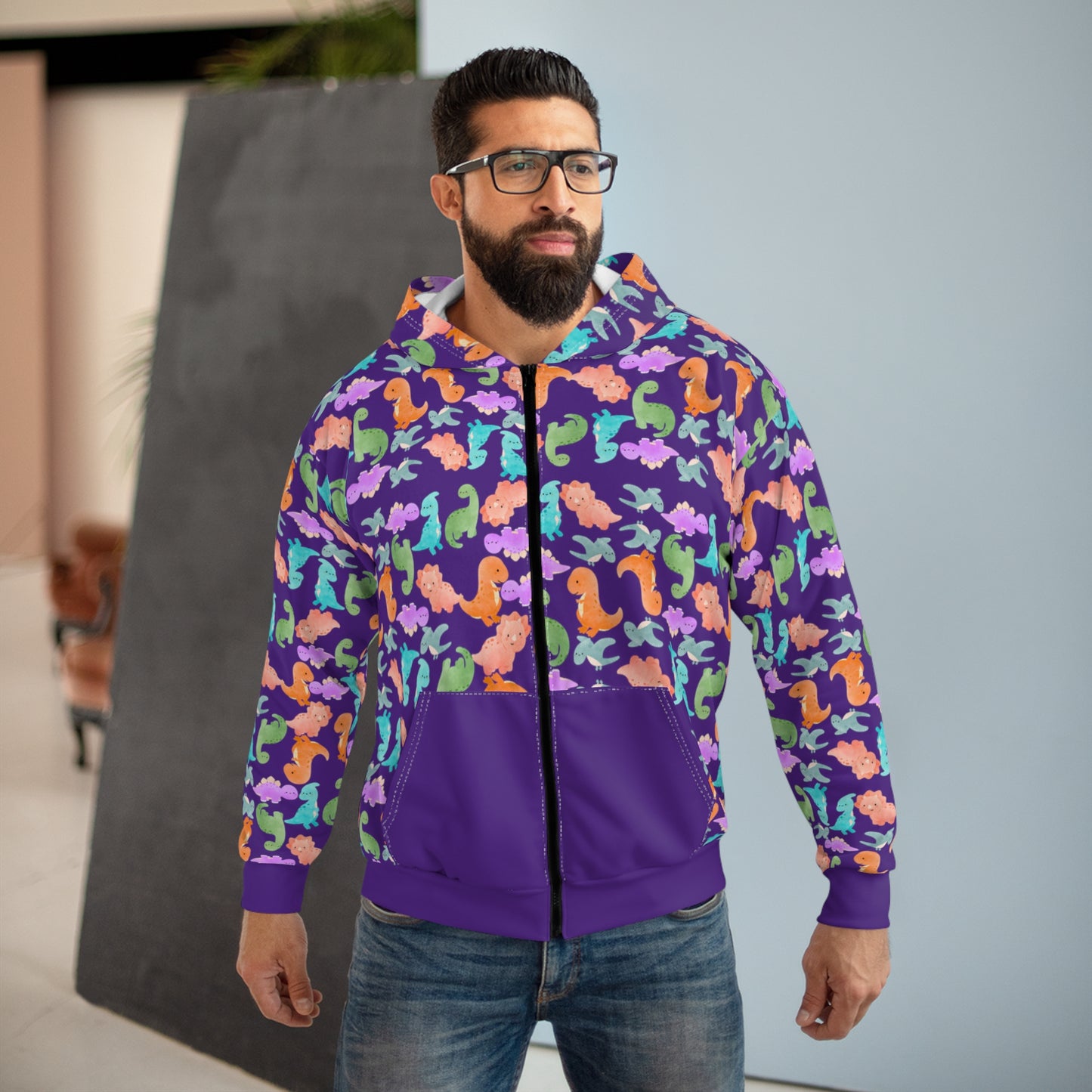 Colorful Dino Unisex Zip Hoodie OceanInspired Hooded Sweatshirt Beach Trip Hoodie Perfect Gift for Marine Life Lovers  Rainbow Dinos Purple