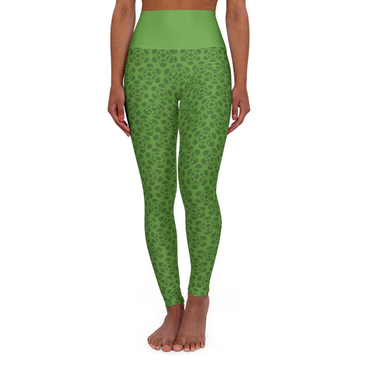 Stylish High Waisted Yoga Leggings Activewear Fitness Leggings Workout Pants Gift for Her Yoga Apparel Alien Flowers Green