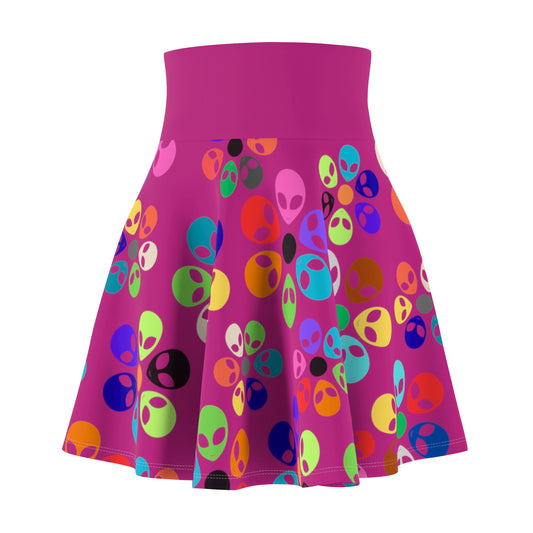 Colorful Alien Print Womens Skater Skirt Fun Fashion Summer Vibes Festival Wear Unique Style Casual Skirts Gifts for Her Alien Rainbow Flowers Pink