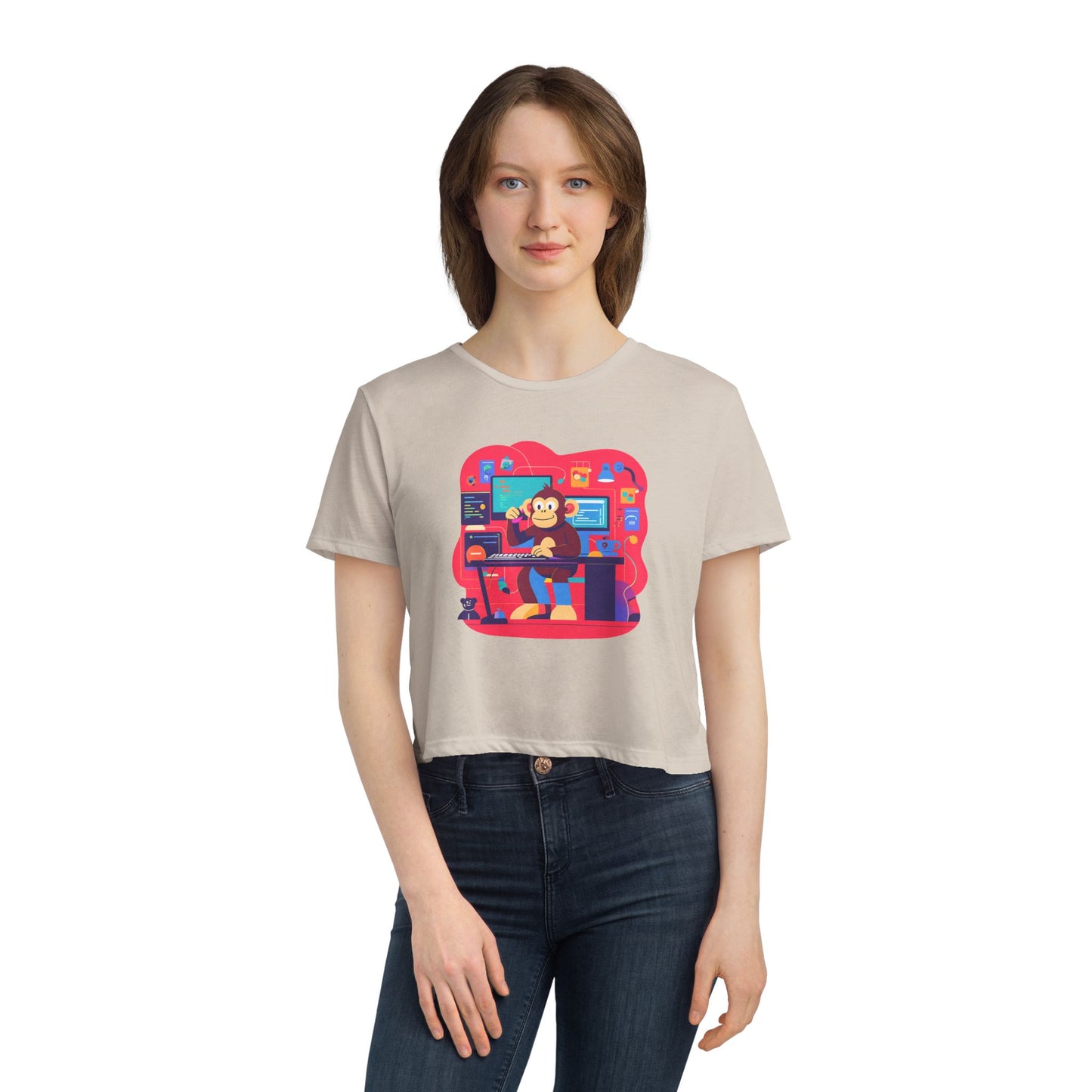 Retro Gamer Women's Flowy Cropped Tee, Cute Graphic Tee, Casual Wear, Gift for Gamers, Fun Summer Top, Kids Birthday Present
