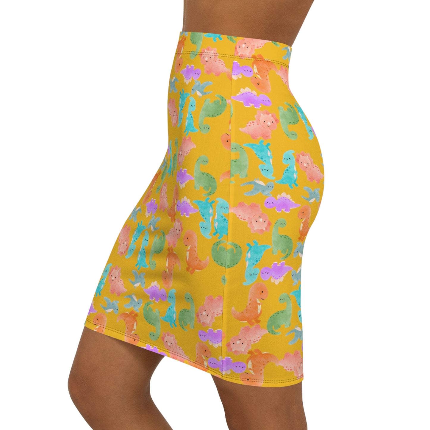 Dinosaur Print MidWaist Pencil Skirt for Fun and Playful Style Womens Skirt Cute Skirt Fashionable Skirt Casual Skirt Gift Idea Rainbow Dinos Yellow
