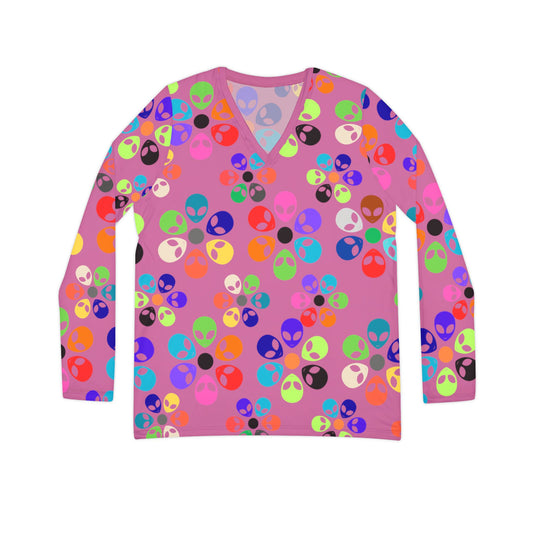 Colorful Alien Print Womens Long Sleeve VNeck Shirt Fun VNeck Tee Boho Style Top Unique Gift for SciFi Lovers Casual Everyday Wear Alien Rainbow Flowers Light Pink