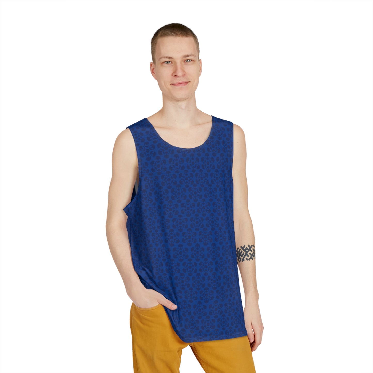 Stylish Mens Tank Top  AOP Leopard Print Summer Wear Fitness Gear Casual Apparel Trendy Vacation Outfit Alien Flowers Dark Blue