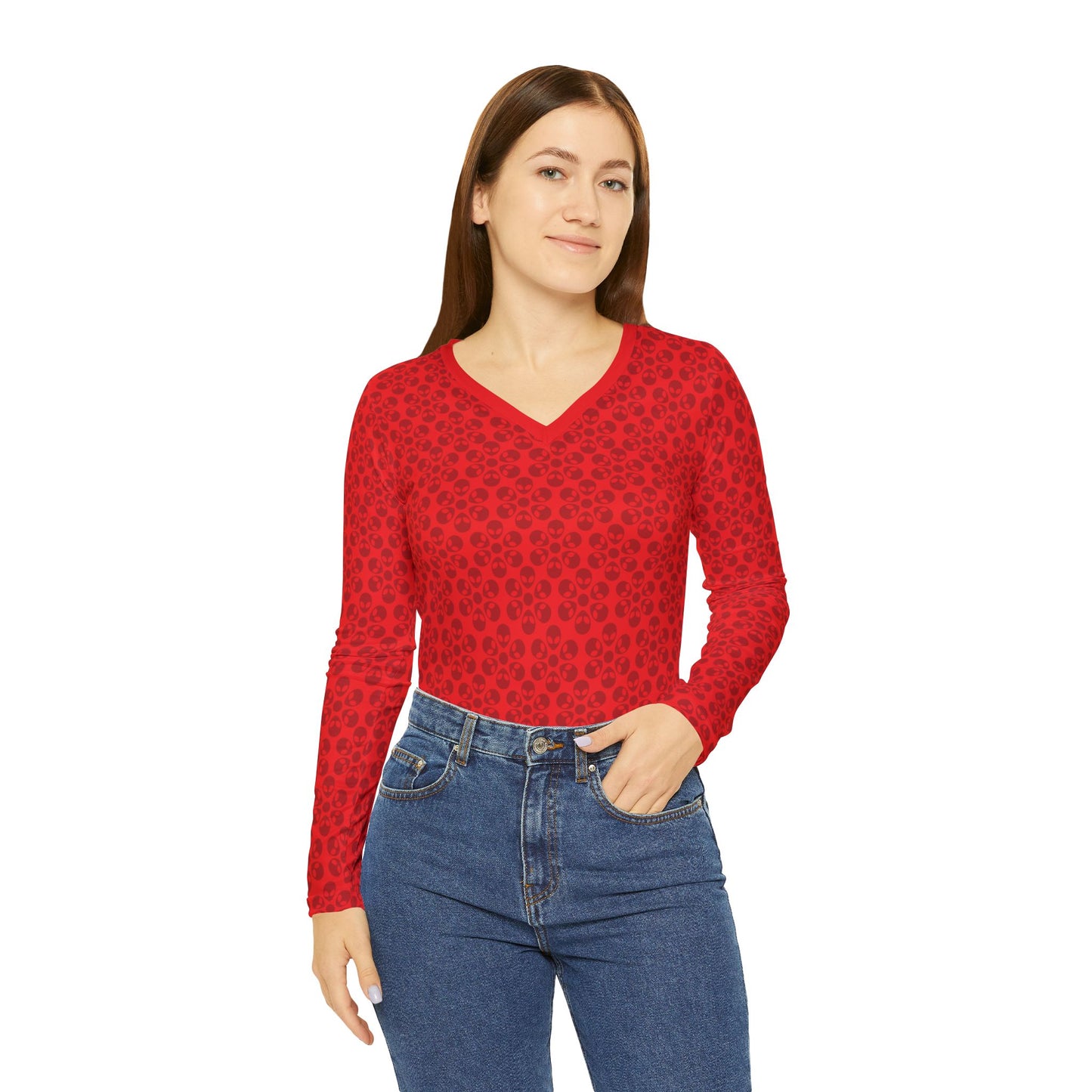 Chic Floral VNeck Shirt Stylish Womens Top Perfect for Everyday Wear Casual Gatherings Spring Outings Mother’s Day Gift Alien Flowers Red