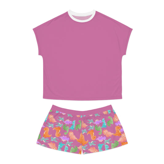 Womens Dinosaur Print Pajama Set Cozy Sleepwear Perfect for Relaxation Gift for Her Cute Loungewear Summer Nights Dinosaur Lovers Rainbow Dinos Light Pink