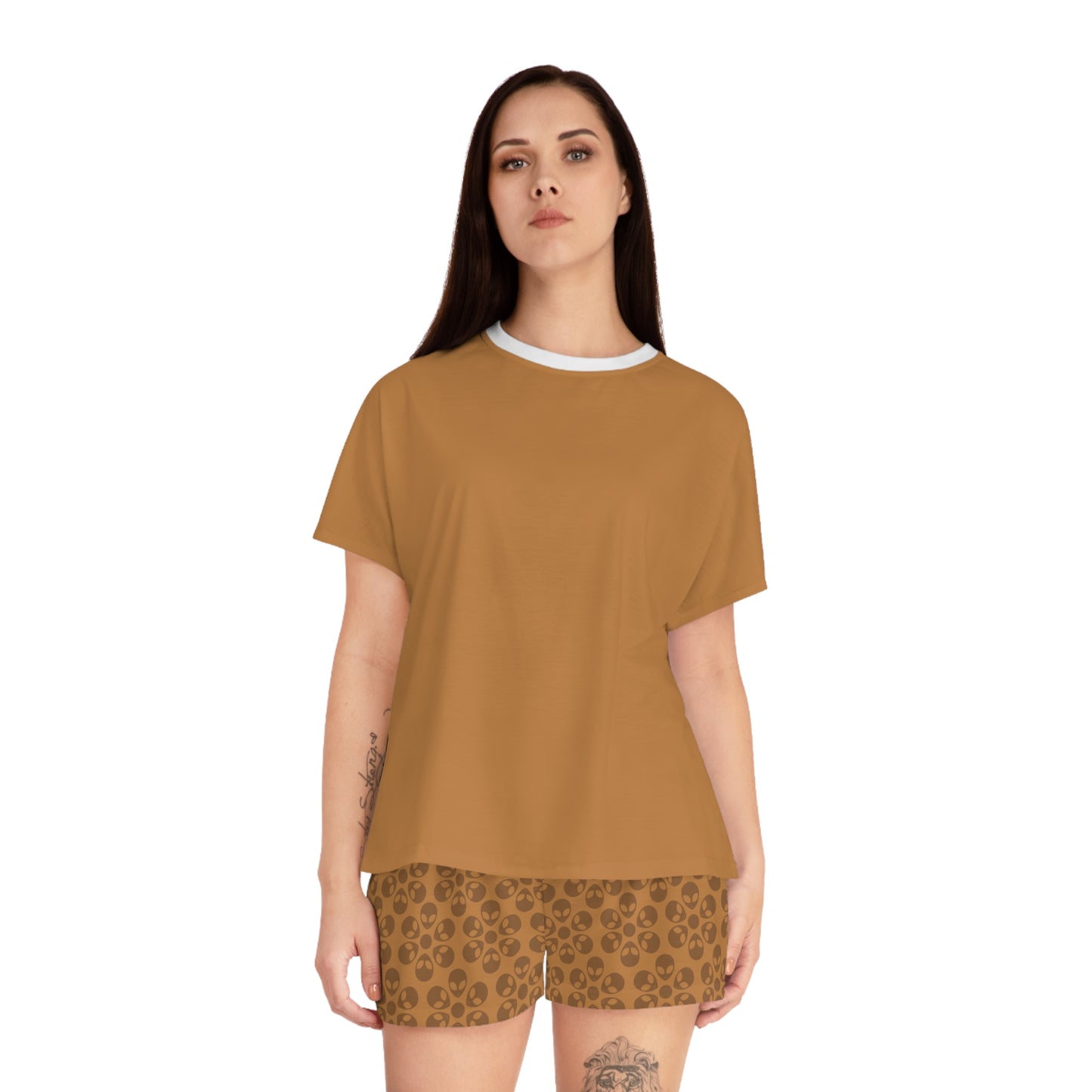 Stylish Womens Pajama Set Cozy Sleepwear AOP Floral Print Perfect for Lounging Gift for Her Summer Nights Relaxation Alien Flowers Light Brown