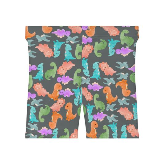 Colorful Dinosaur Womens Biker Shorts  AOP Perfect for Casual Wear workout Summer Birthdays Playdates Unique Gift Rainbow Dinos Dark Grey