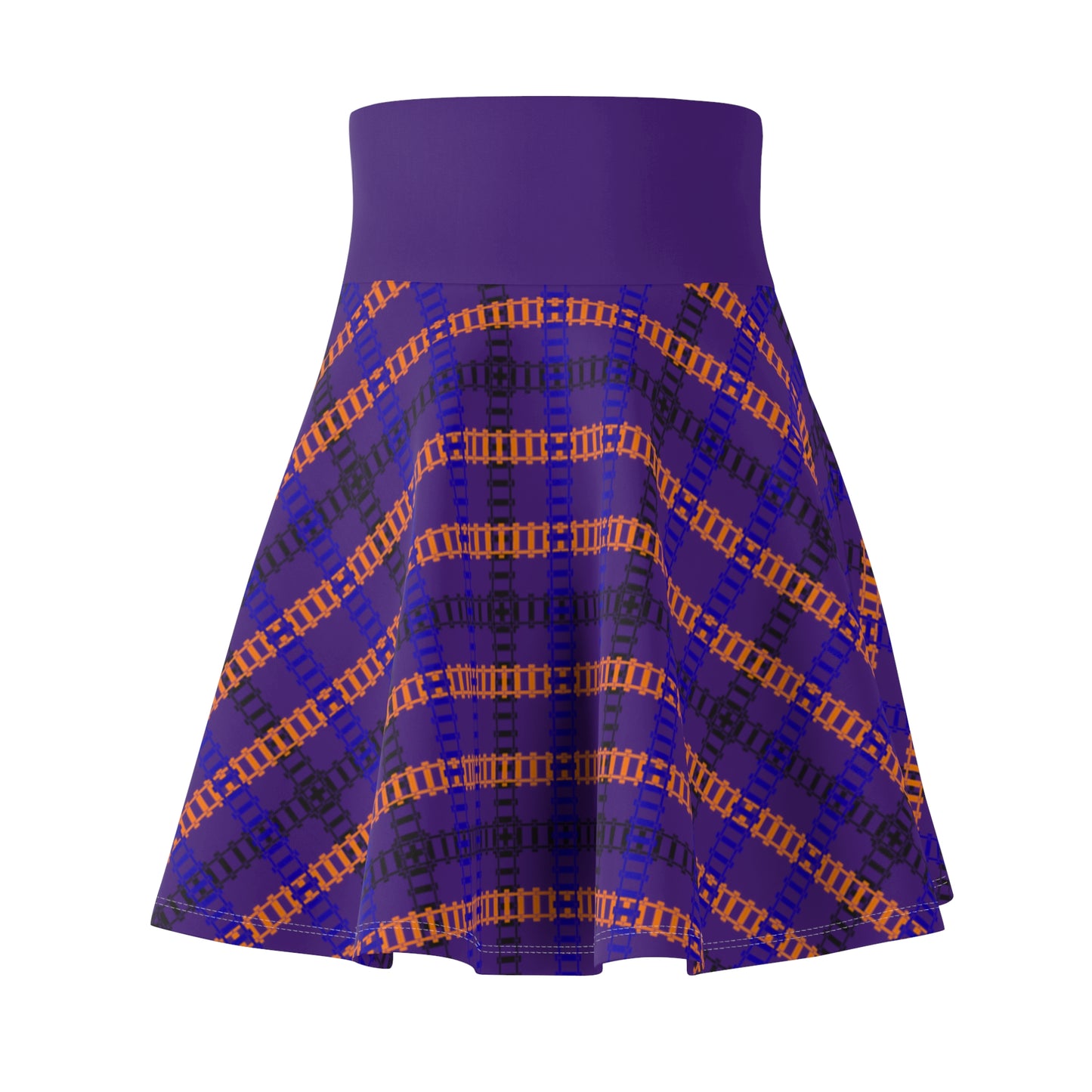 Stylish Womens Plaid Skater Skirt Trendy AOP Skirt Casual Everyday Wear Festive Outfit Summer Fashion 90s Vintage Inspired Train Tracks Purple