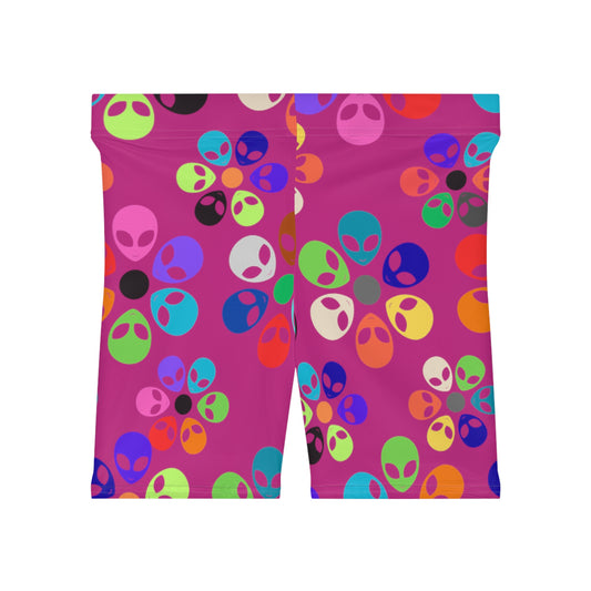 Colorful Alien Print Biker Shorts Trendy Athletic Shorts for Women Perfect for Festivals Summer Outfits Yoga Outdoor Activities Alien Rainbow Flowers Pink