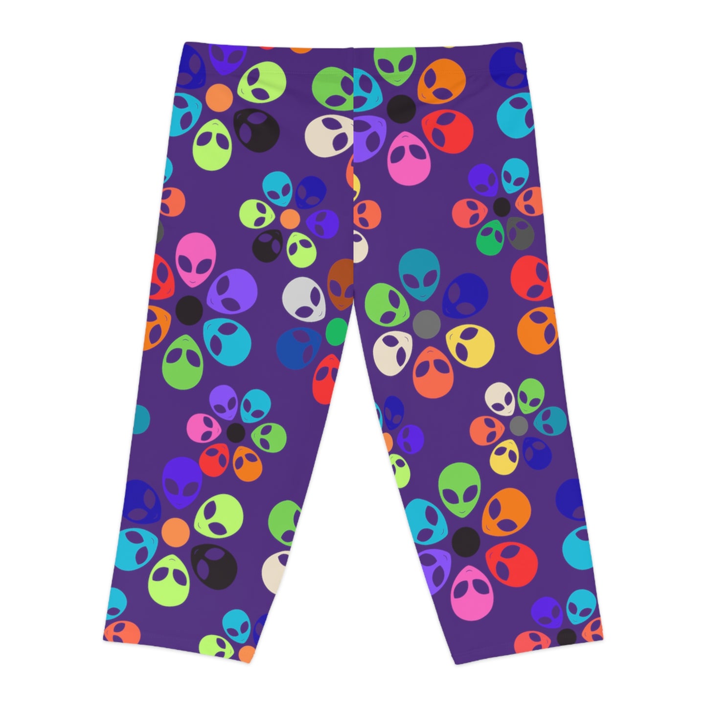 Colorful Alien Floral Capri Leggings Fun Fitness Pants Yoga Wear Unique Beachwear Festival Style Casual Summer Outfit Alien Rainbow Flowers Purple