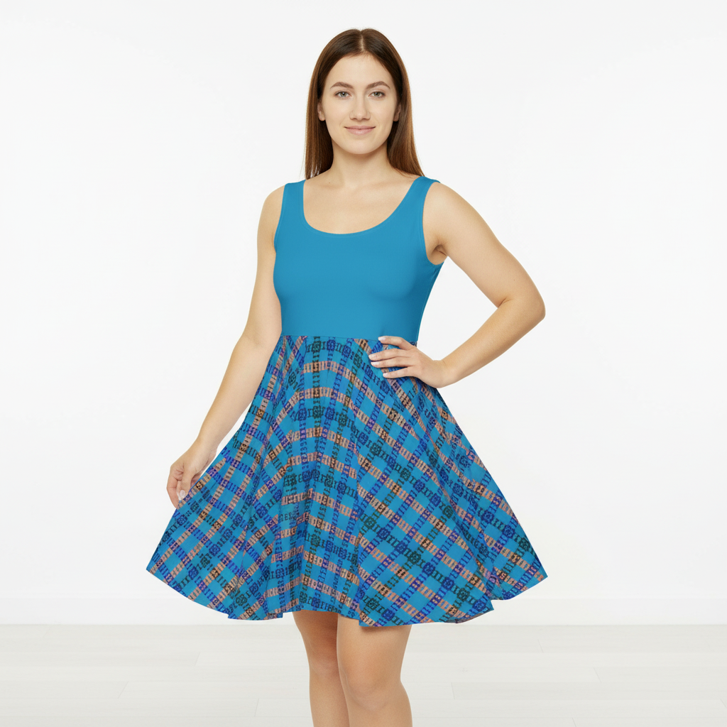 Chic Womens Skater Dress Plaid AOP Dress for Everyday Wear Summer Party Dress Casual Outing Festival Fashion Gift for Her Train Tracks Turquoise